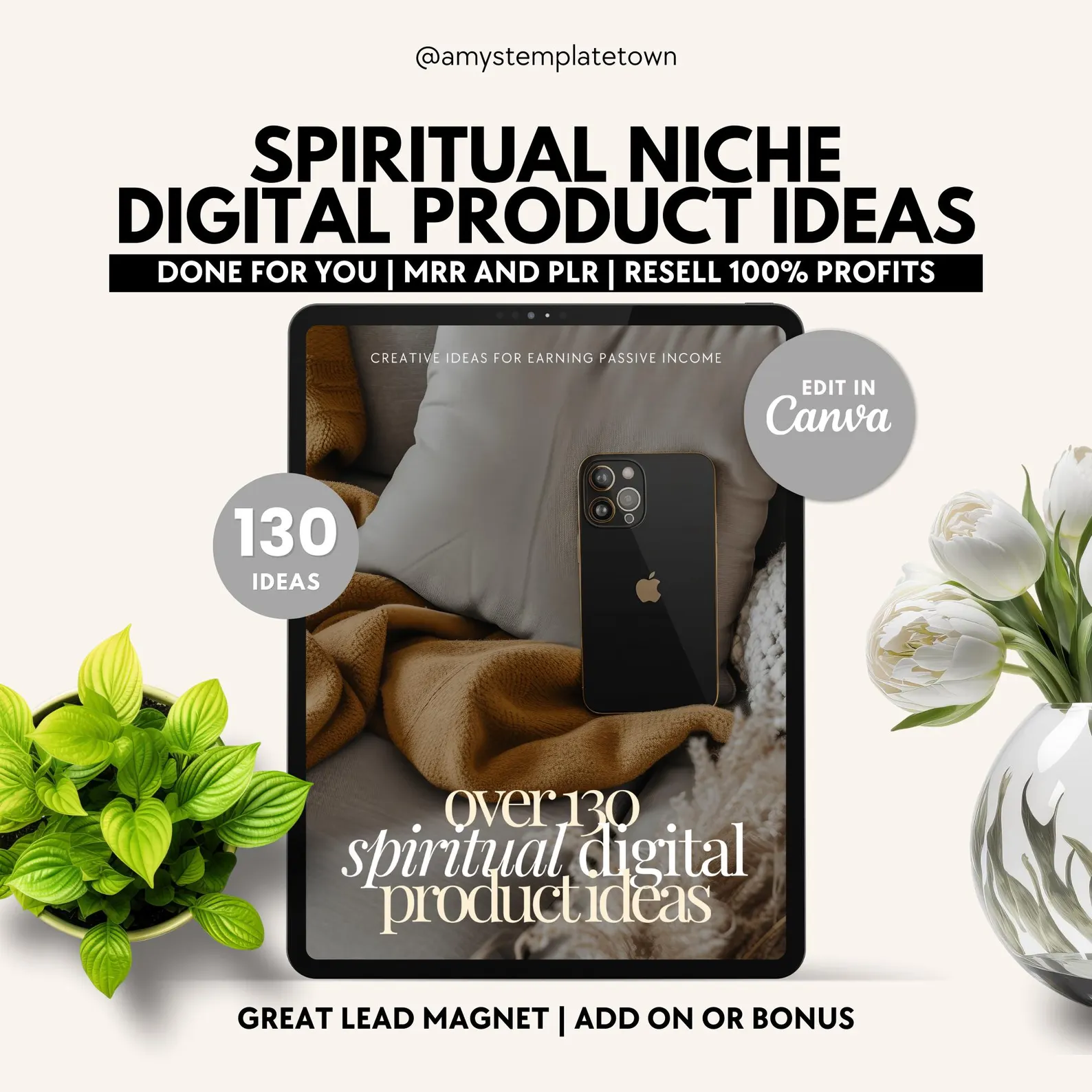 130 Spiritual Niche Digital Product Ideas eBook | Editable Canva Template with MRR & PLR Resell Rights